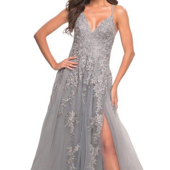 La Femme Silver Floral Embroidered Strappy Back Tulle Ballgown Prom